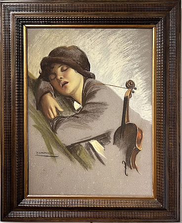 Tito Corbella, young violinist resting, pastel drawing, early 20th century