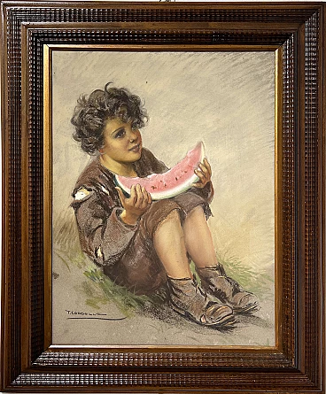 Tito Corbella, young beggar with watermelon, pastel drawing, early 20th century