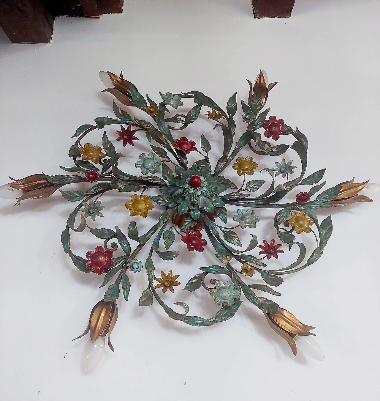 Toleware ceiling lamp with flowers and leaves, 1960s 2