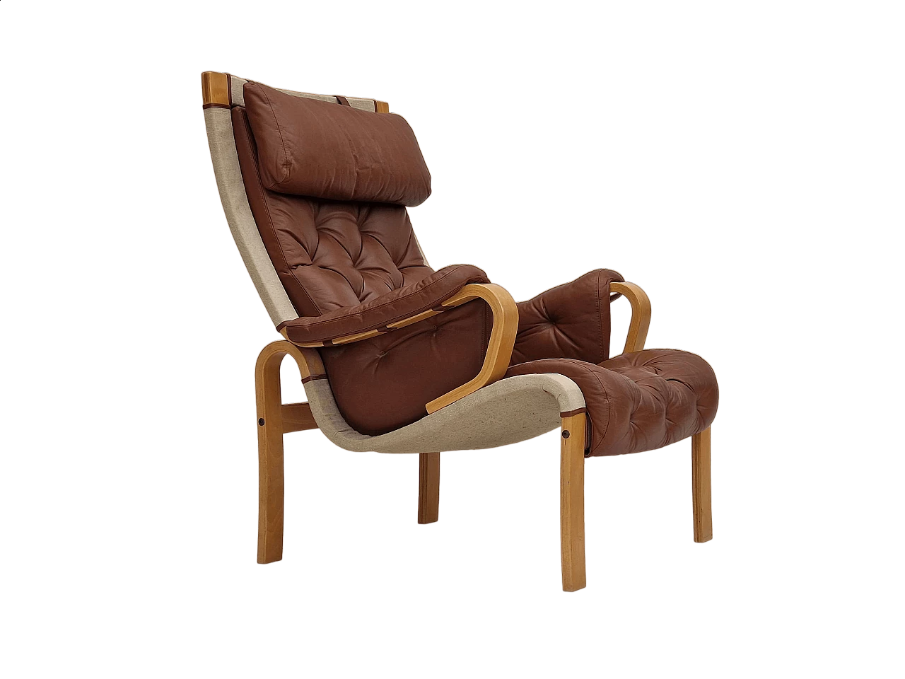 Danish leather and curved beech armchair by Jeki Møbler, 1980s 18