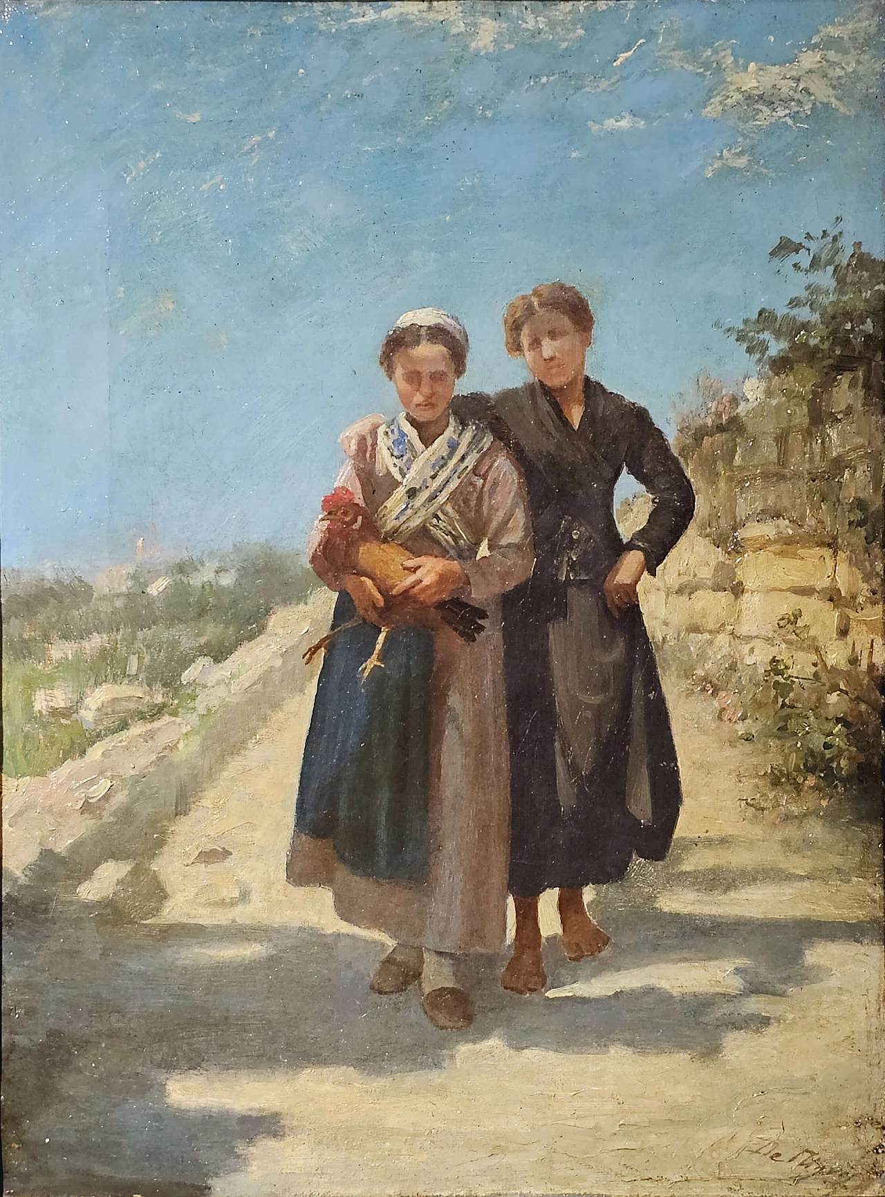 Giuseppe De Nigris, couple of women with hen, oil painting on canvas, 19th century 1