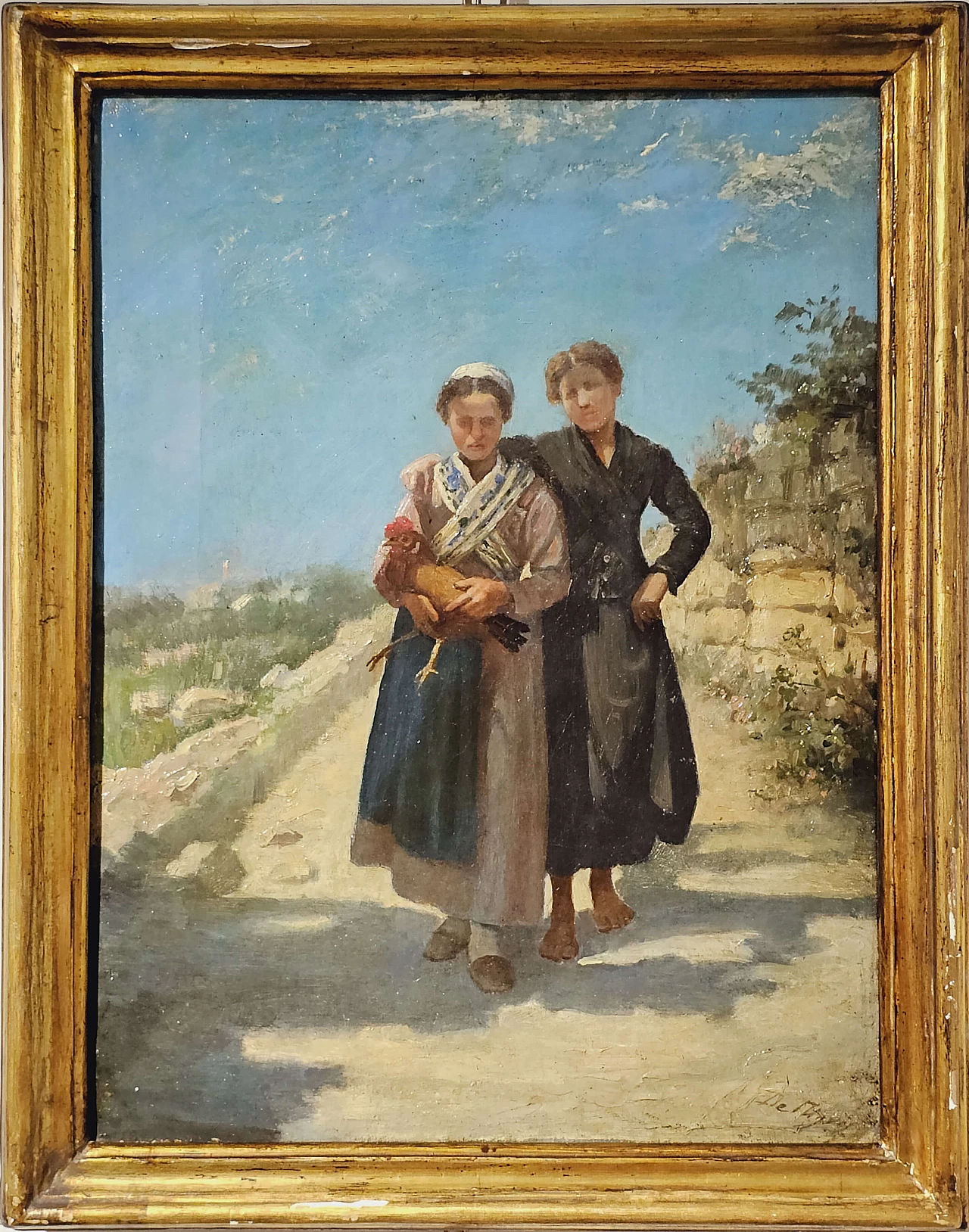 Giuseppe De Nigris, couple of women with hen, oil painting on canvas, 19th century 2