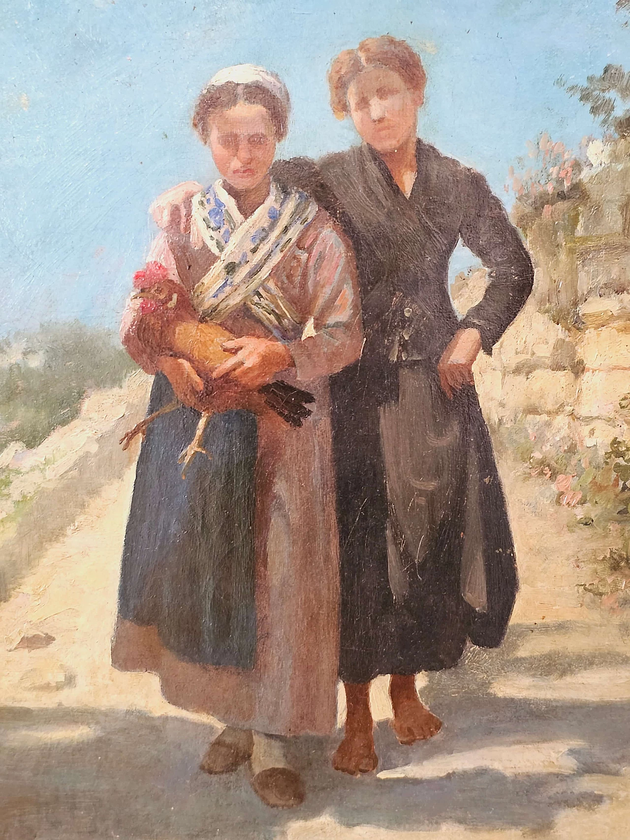 Giuseppe De Nigris, couple of women with hen, oil painting on canvas, 19th century 5