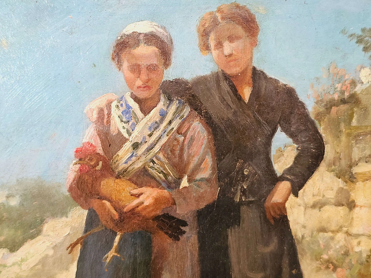 Giuseppe De Nigris, coppia di donne con gallina, dipinto a olio su tela, '800 6