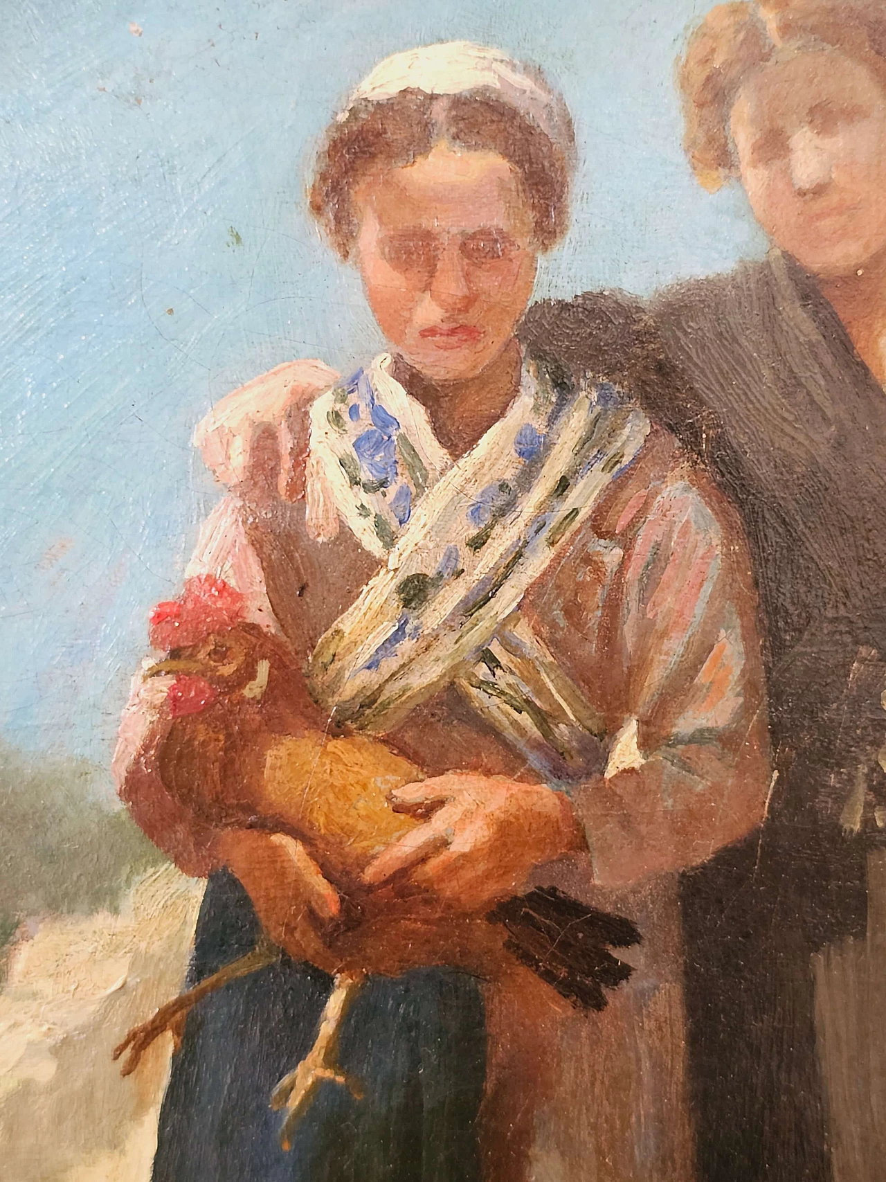 Giuseppe De Nigris, coppia di donne con gallina, dipinto a olio su tela, '800 7