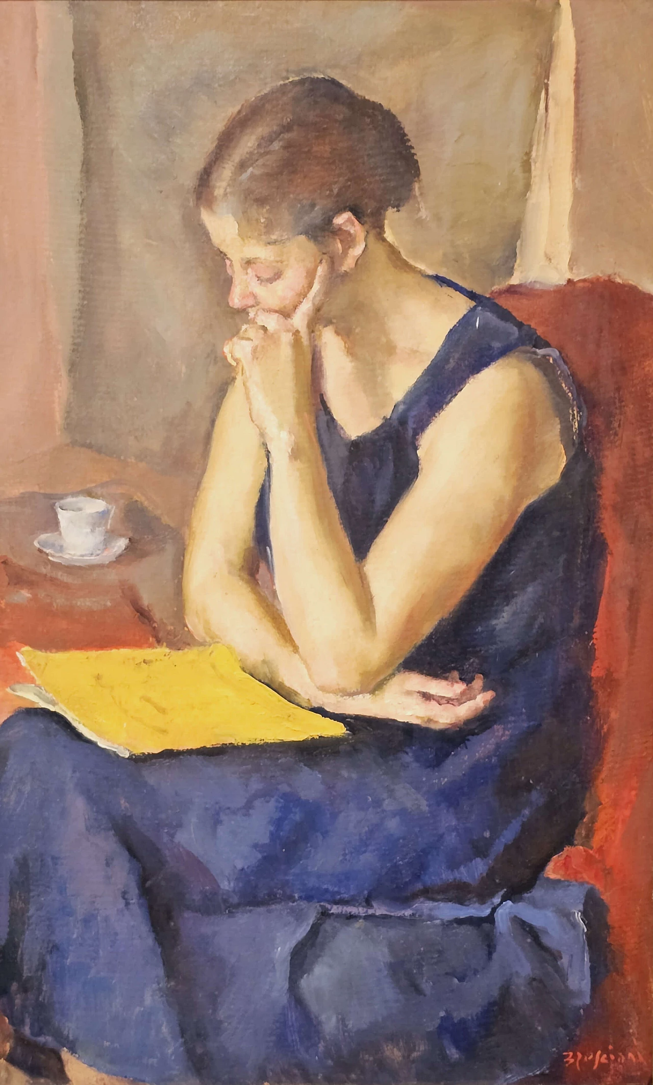 Antonio Bresciani, woman reading, oil painting on cardboard 1