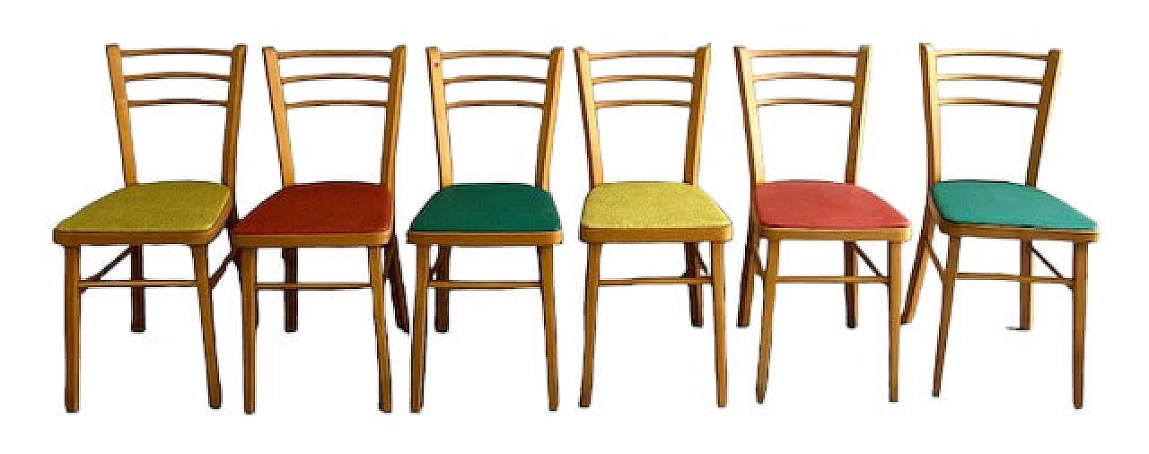 6 Sedie in legno e skai colorato, anni '60 1