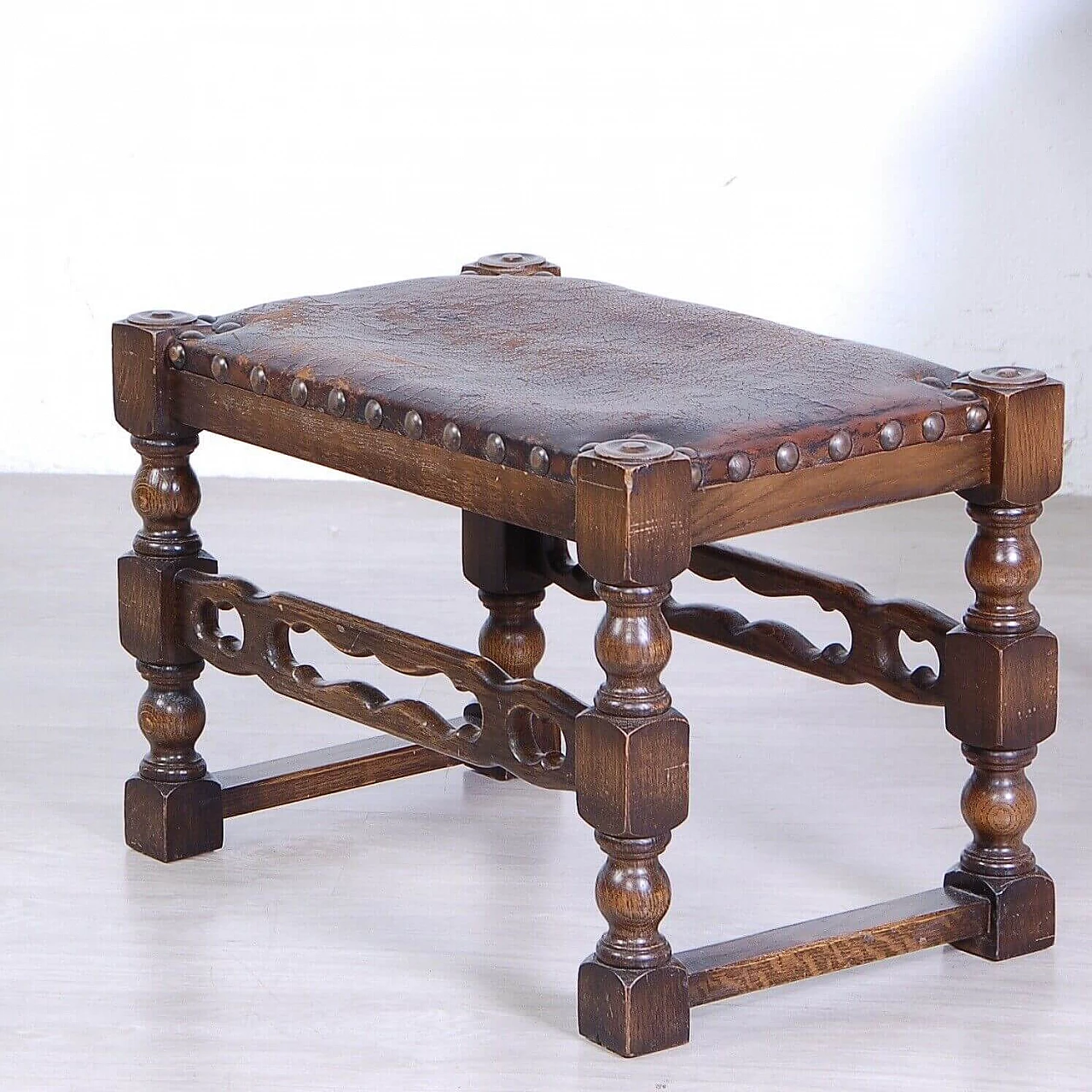 Medieval Spanish style wood and leather stool, early 20th century 1