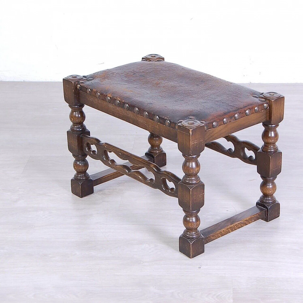 Medieval Spanish style wood and leather stool, early 20th century 2