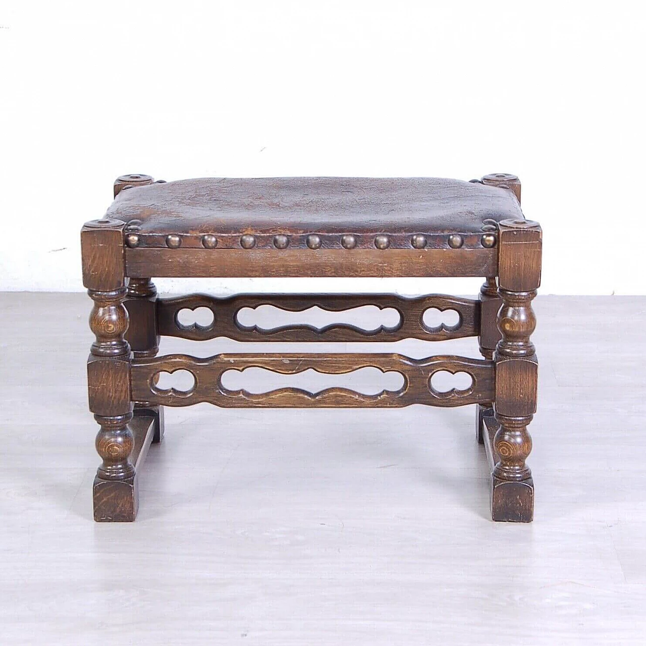 Medieval Spanish style wood and leather stool, early 20th century 3