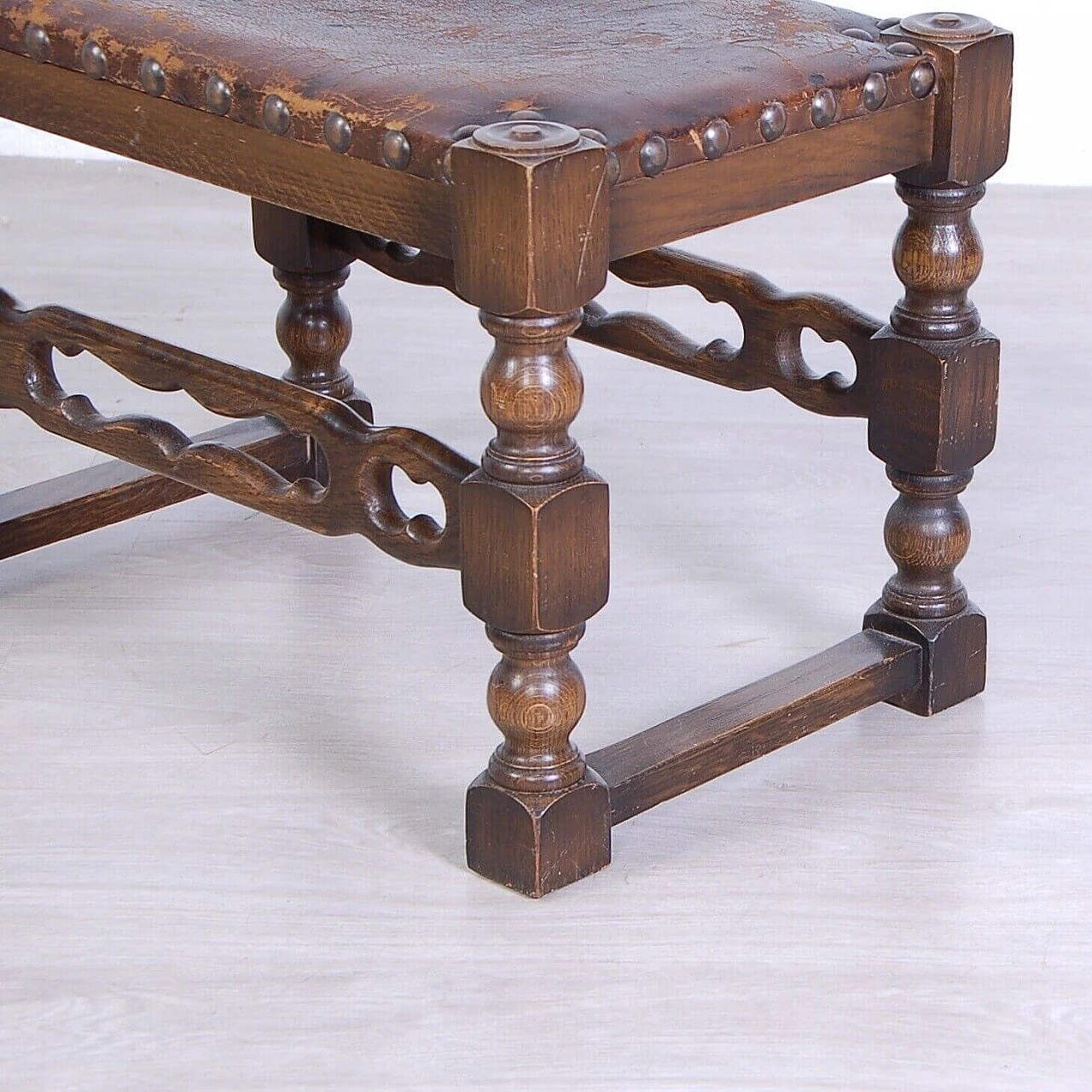 Medieval Spanish style wood and leather stool, early 20th century 5