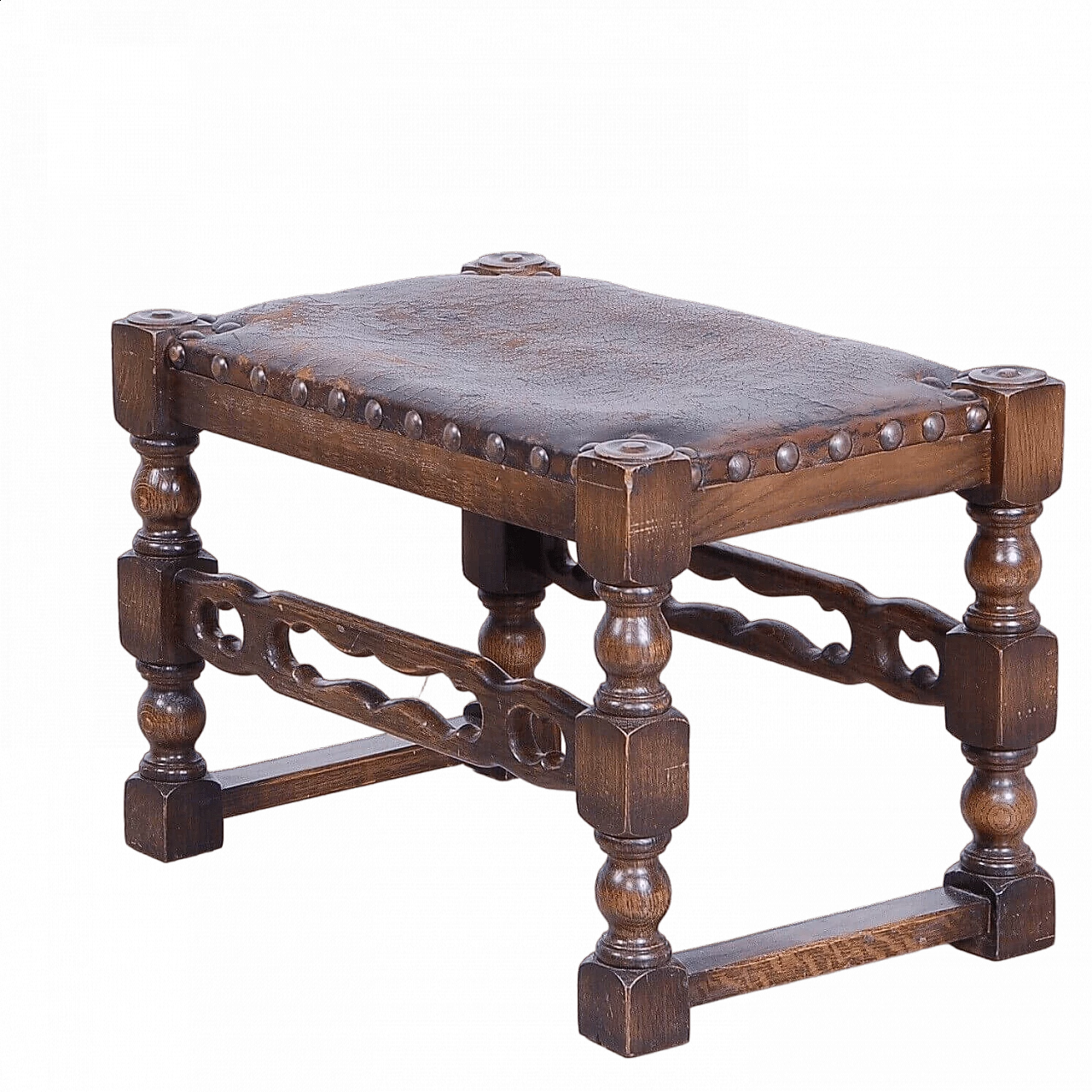 Medieval Spanish style wood and leather stool, early 20th century 11