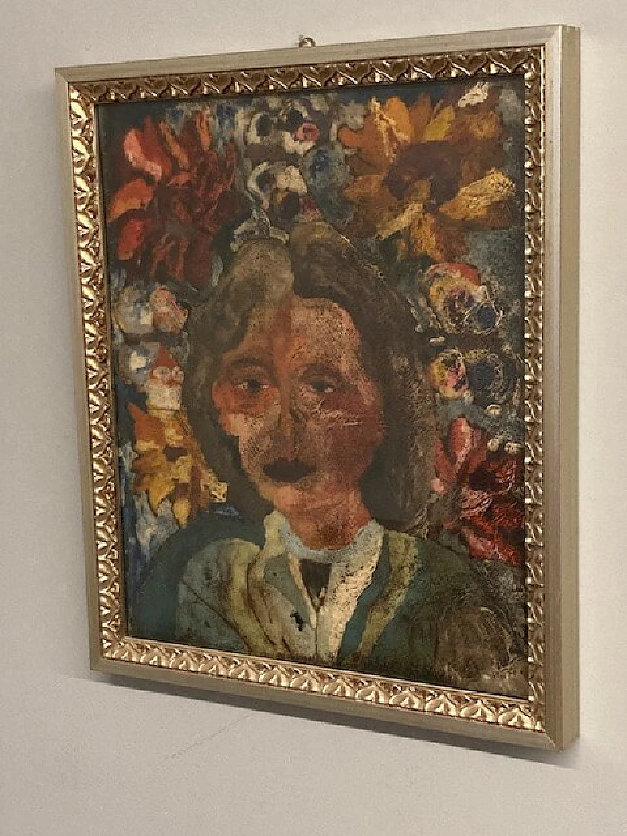 Giuseppe Serafini, girl face and flowers, oil painting on cardboard, 1960s 1