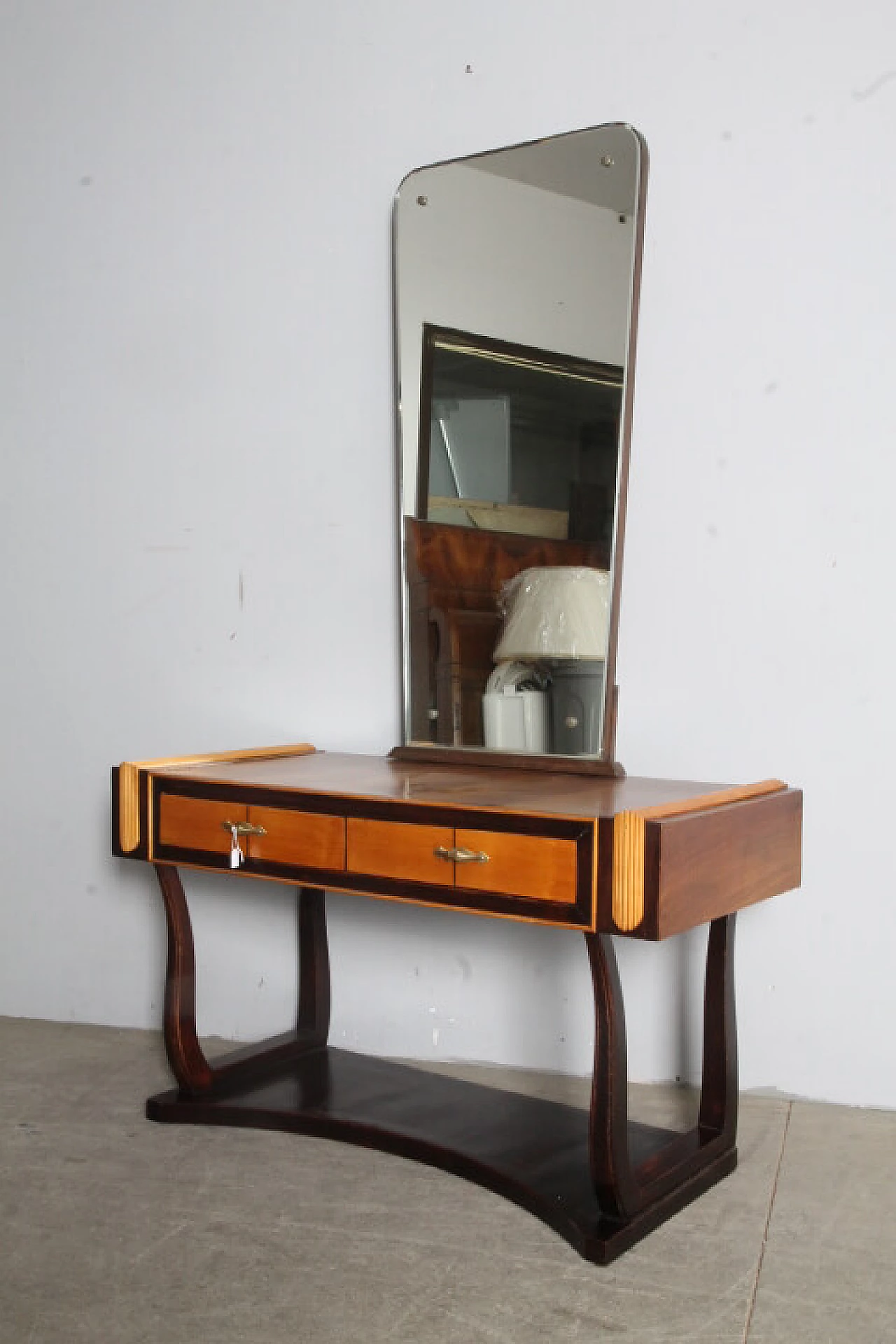 Art Deco vanity table in birch, walnut and mahogany wood, 1940s 1