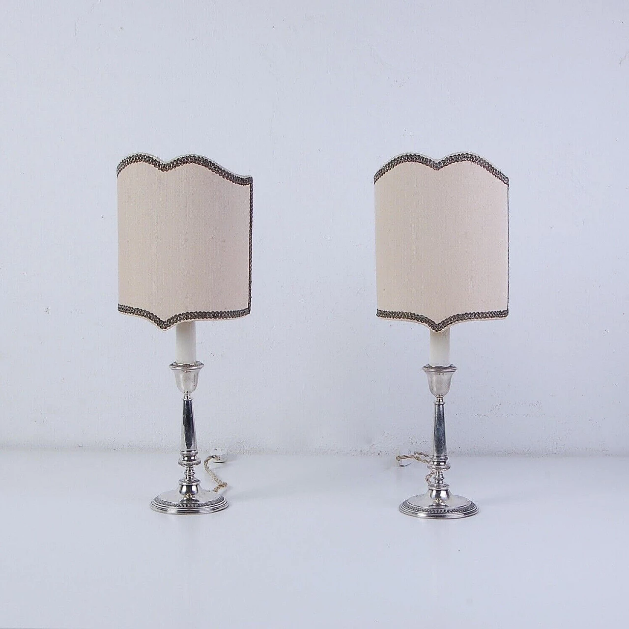 Pair of silver table lamps with embroidered lampshade 1