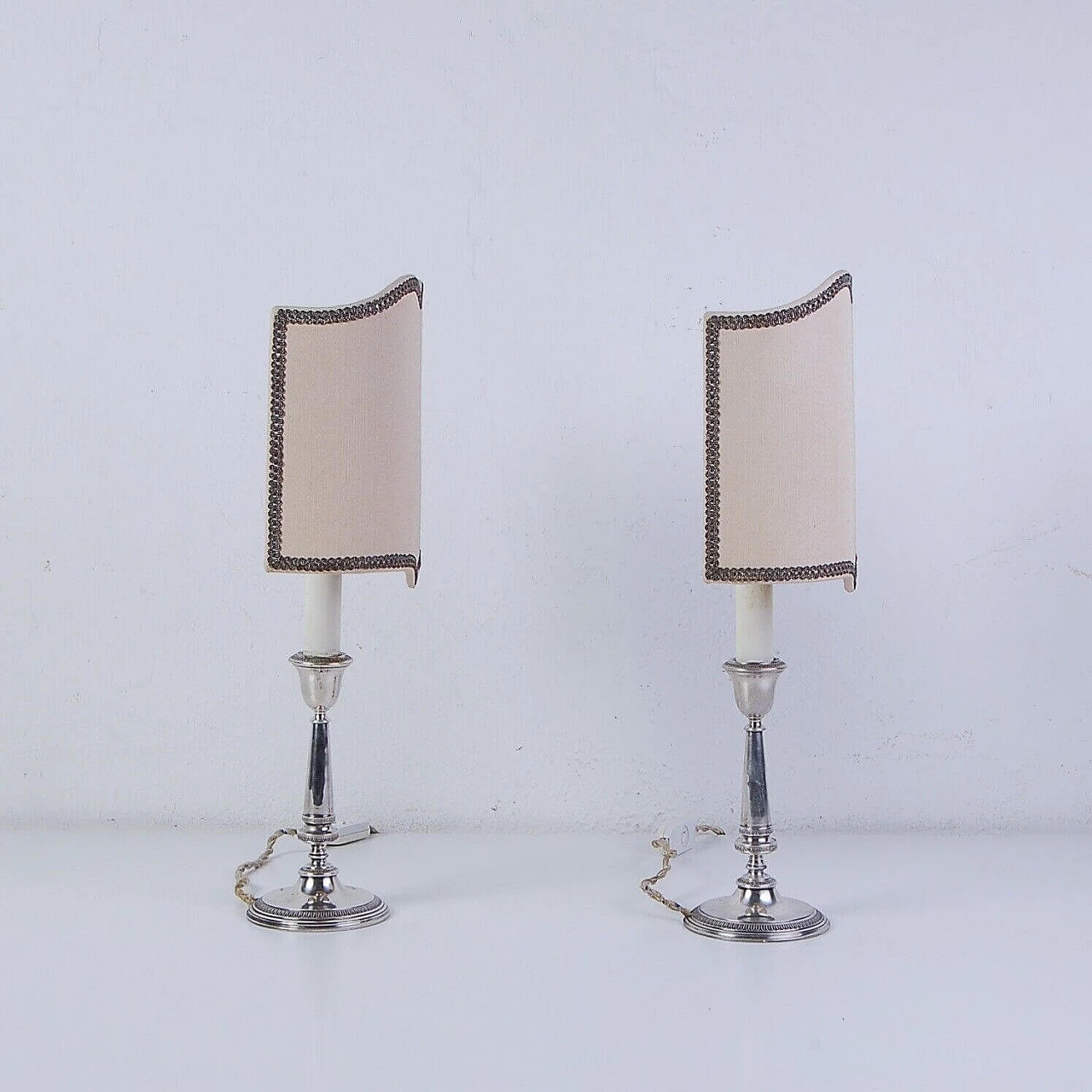 Pair of silver table lamps with embroidered lampshade 2