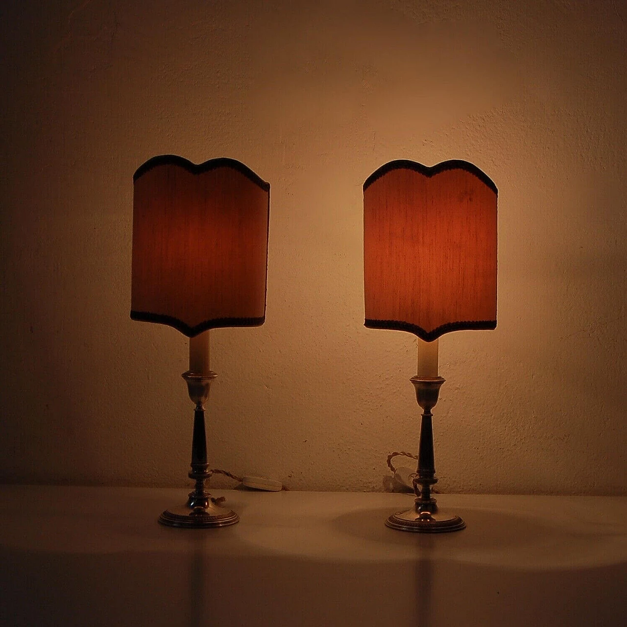 Pair of silver table lamps with embroidered lampshade 9