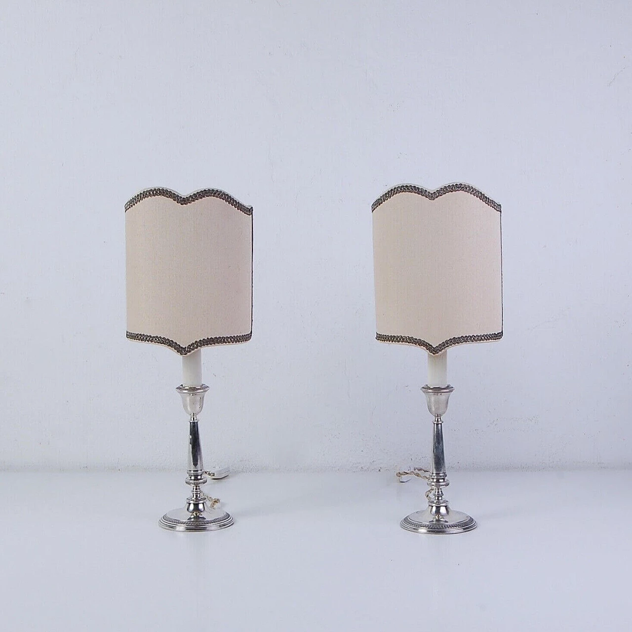 Pair of silver table lamps with embroidered lampshade 10