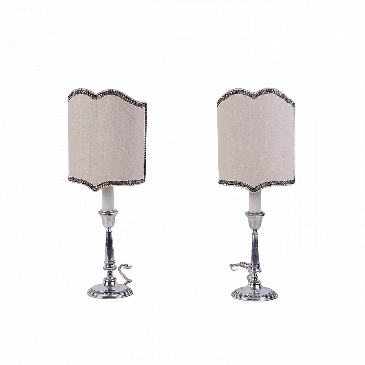 Pair of silver table lamps with embroidered lampshade 11