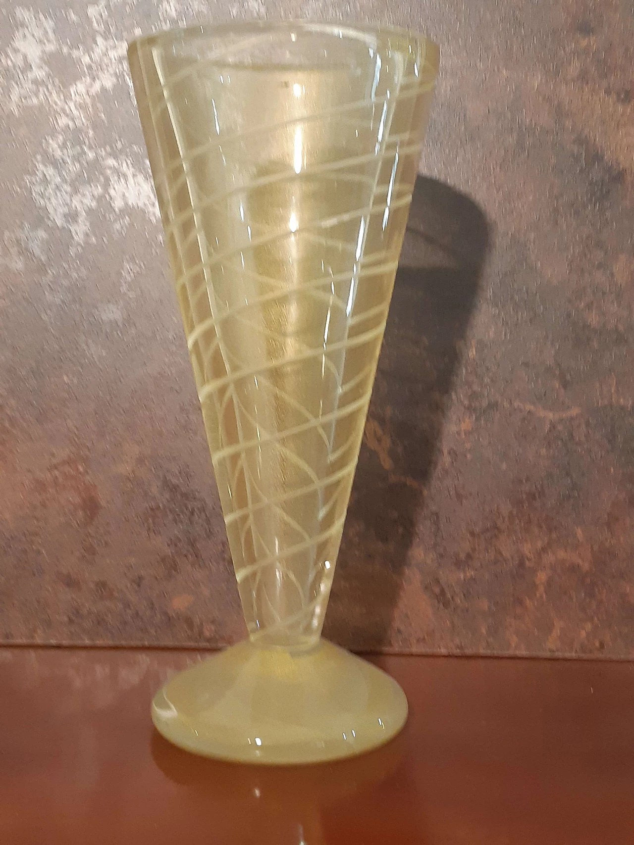 Yellow blown glass goblet vase with gold dust and spiral decoration, 1970s 1