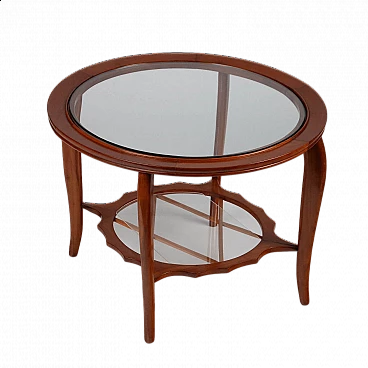 Round coffee table in stained beech with glass top, 1950s