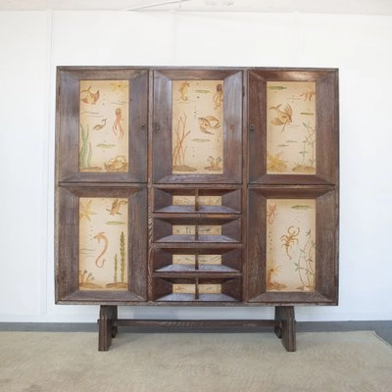 Beechwood cabinet with three doors and four drawers attributed to Paolo Buffa, 1950s 1