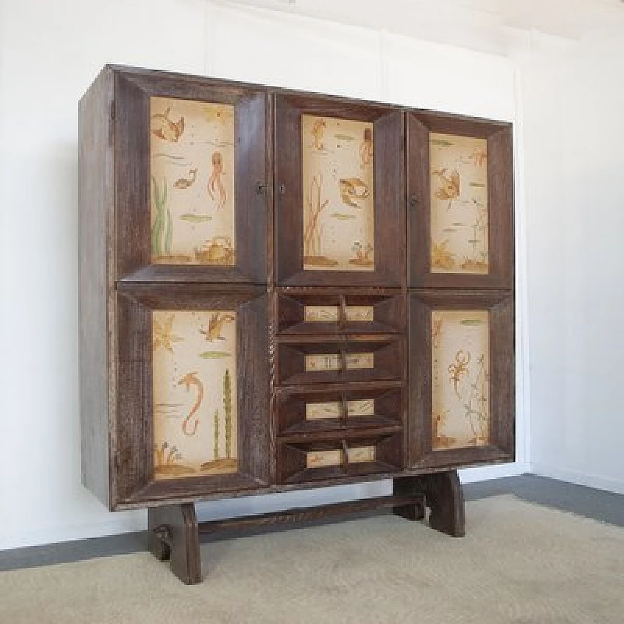 Beechwood cabinet with three doors and four drawers attributed to Paolo Buffa, 1950s 2