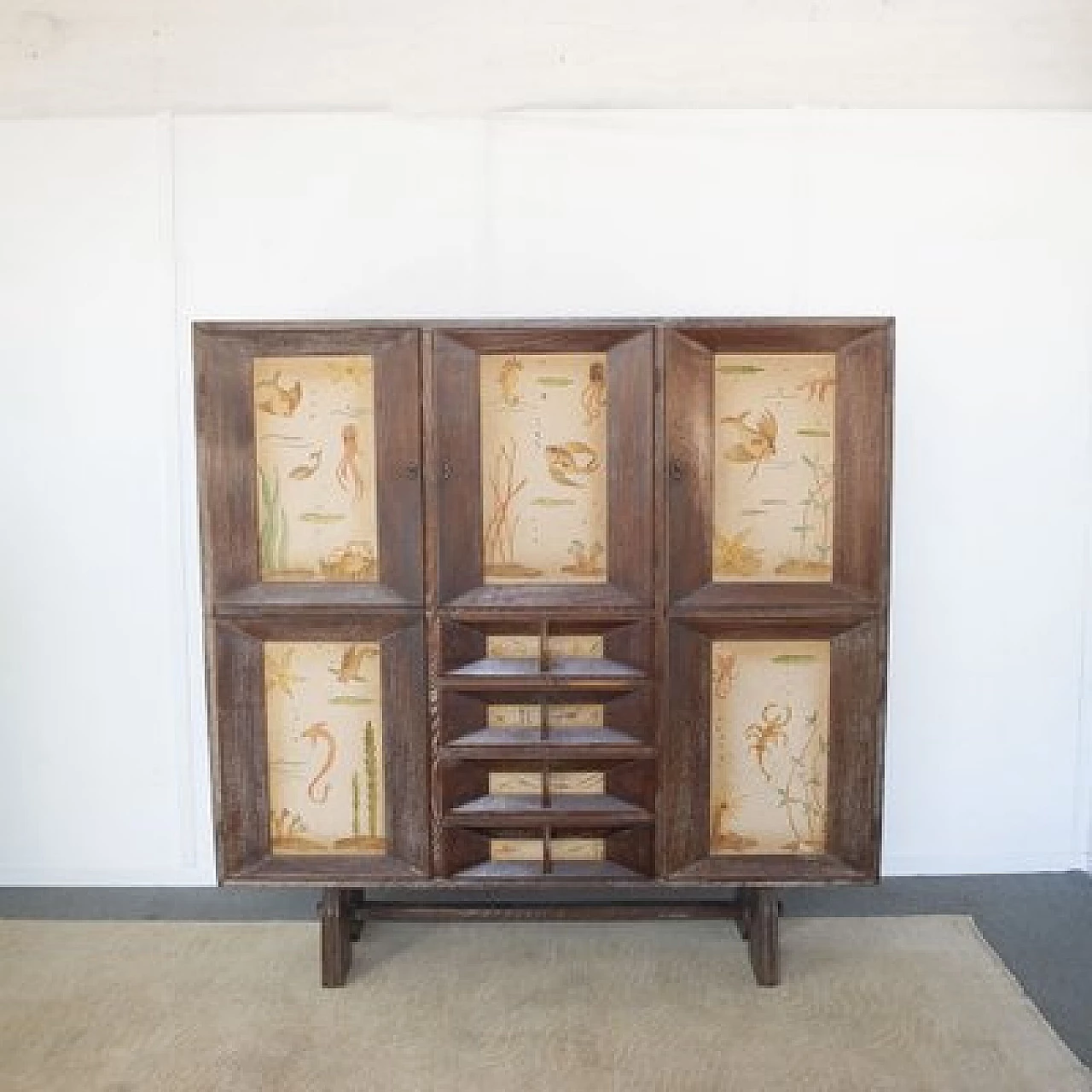 Beechwood cabinet with three doors and four drawers attributed to Paolo Buffa, 1950s 3