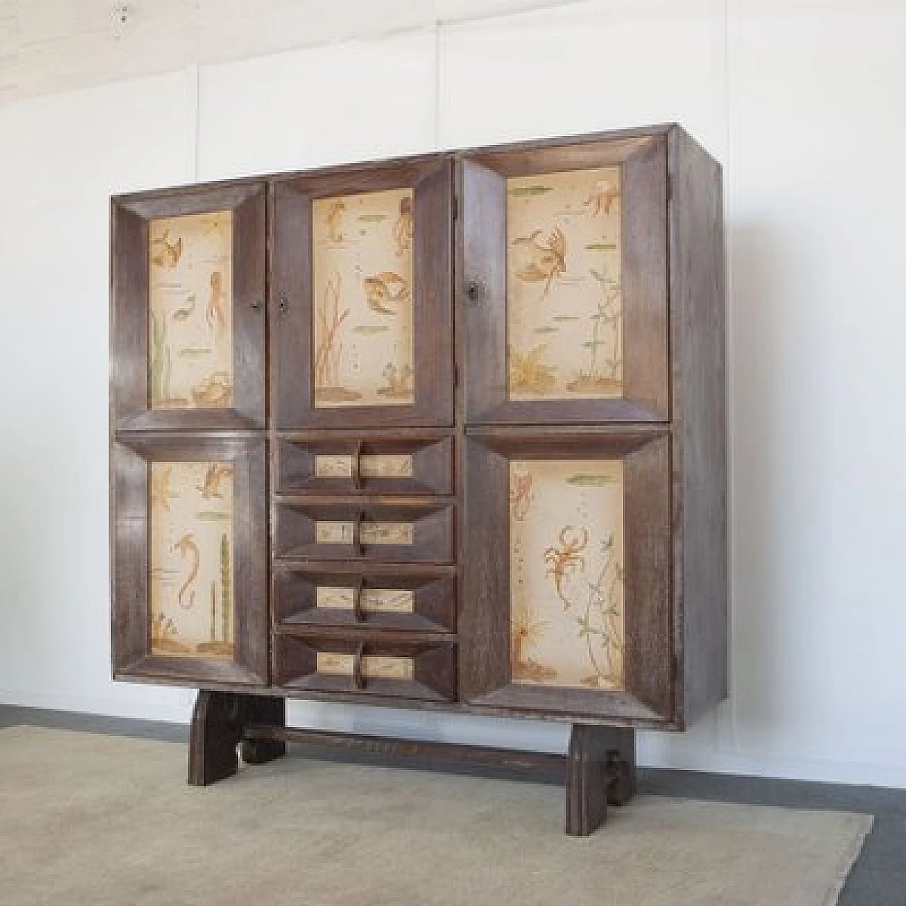 Beechwood cabinet with three doors and four drawers attributed to Paolo Buffa, 1950s 6