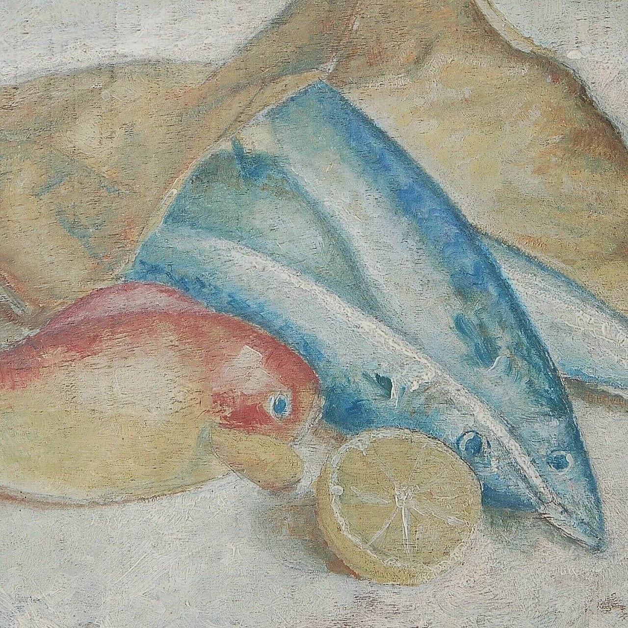 Leontino Destradi, still life with fish and lemons, oil painting on hardboard 5