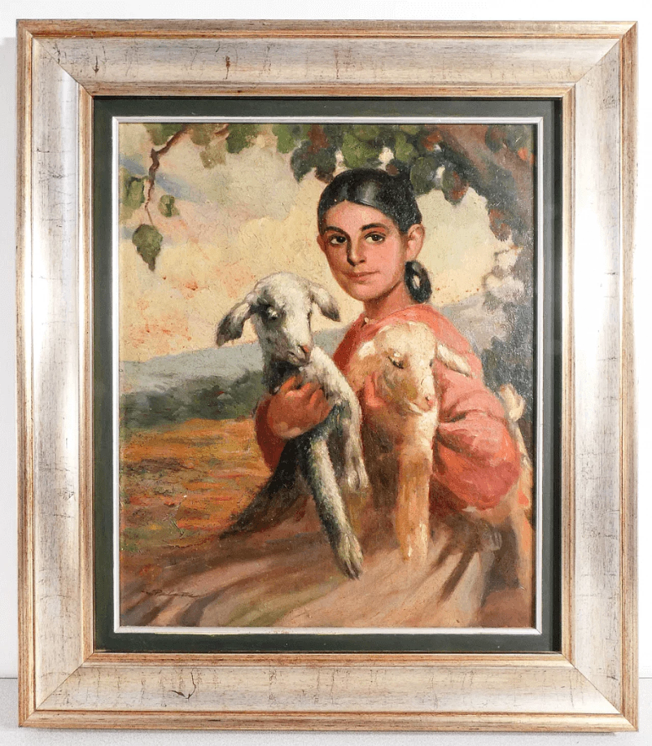 Shepherdess with two little lambs, oil on canvas, early 20th century 1