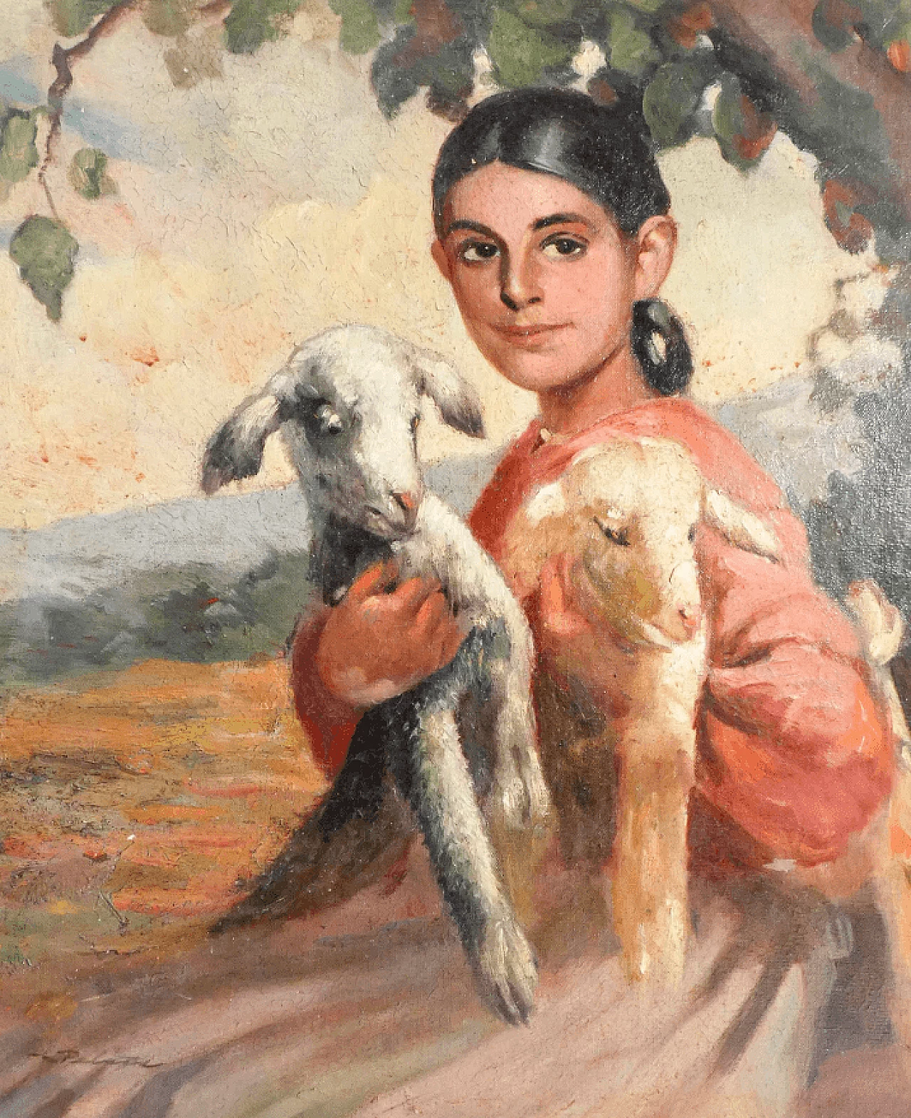 Shepherdess with two little lambs, oil on canvas, early 20th century 2