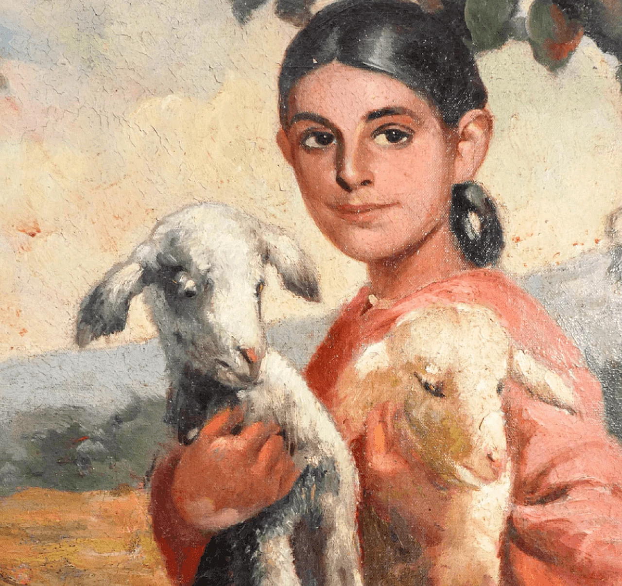 Shepherdess with two little lambs, oil on canvas, early 20th century 3