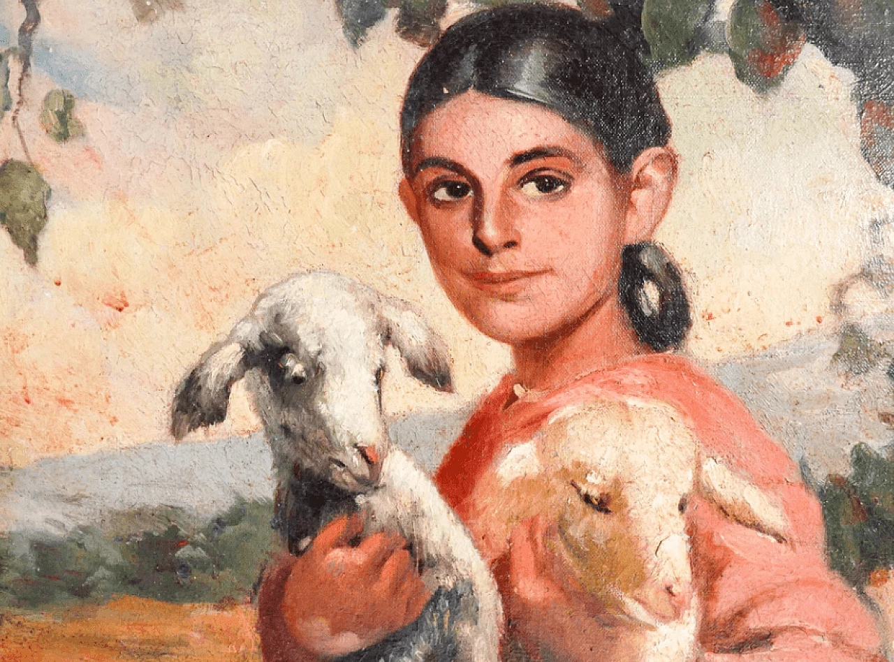 Shepherdess with two little lambs, oil on canvas, early 20th century 4