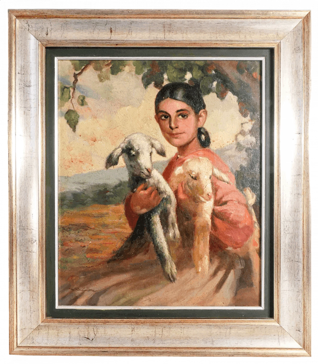 Shepherdess with two little lambs, oil on canvas, early 20th century 8