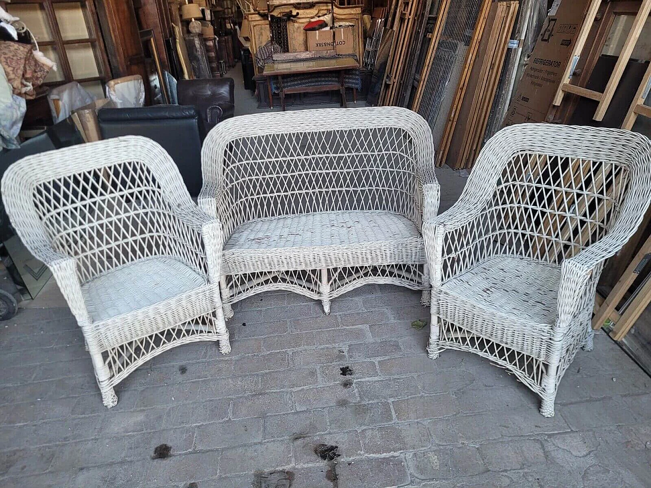 Wicker sofa and pair of armchairs, 1950s 1