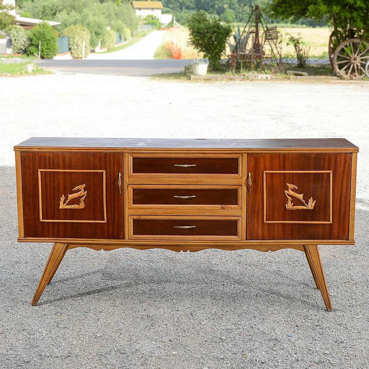 Two-tone wooden sideboard with carved deer decorations, 1960s 1