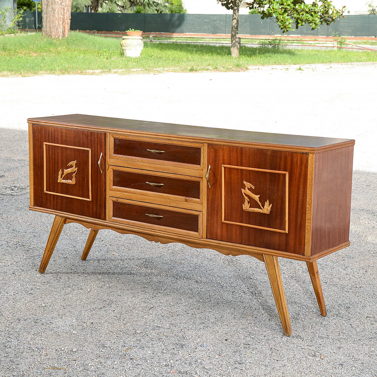 Two-tone wooden sideboard with carved deer decorations, 1960s 2