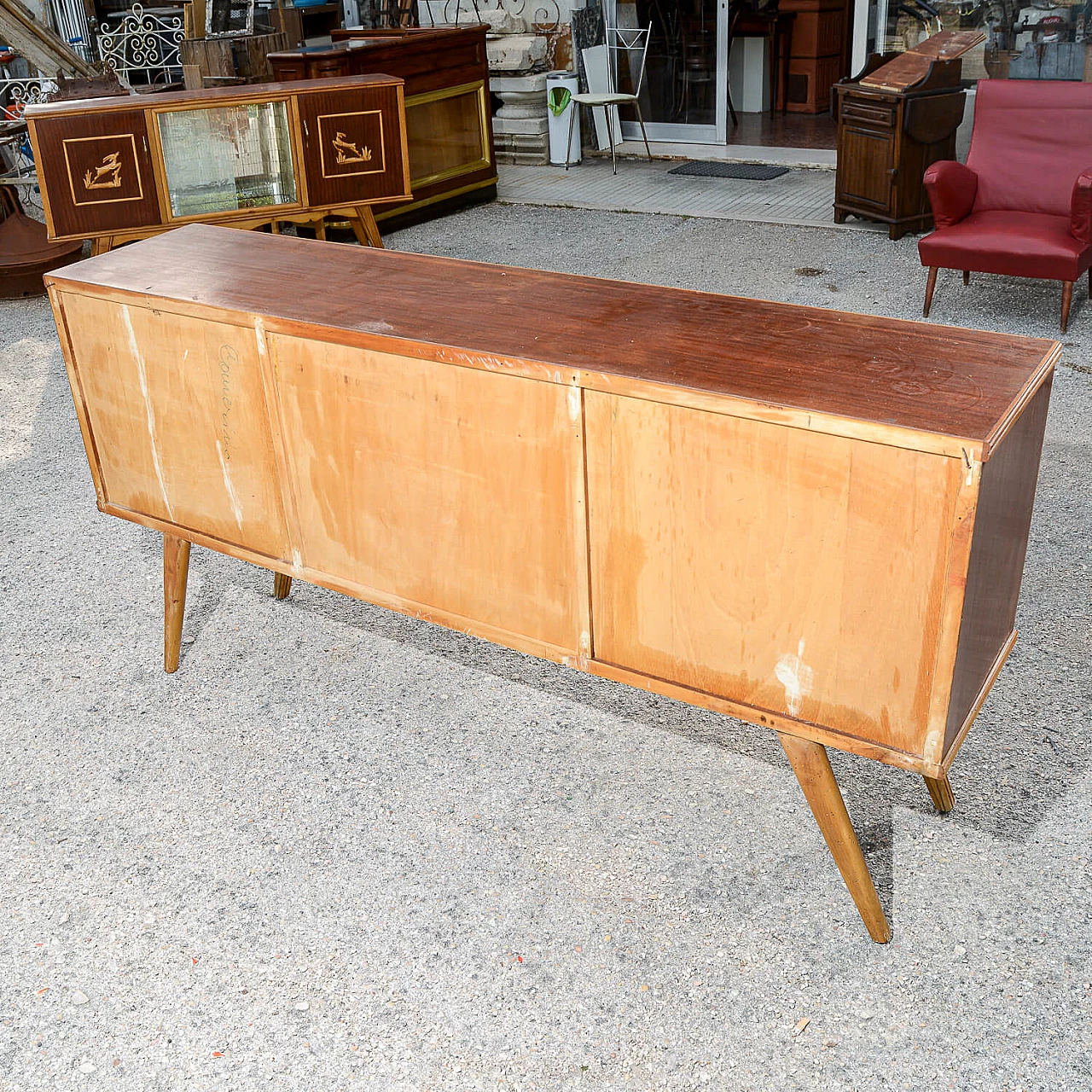 Two-tone wooden sideboard with carved deer decorations, 1960s 7