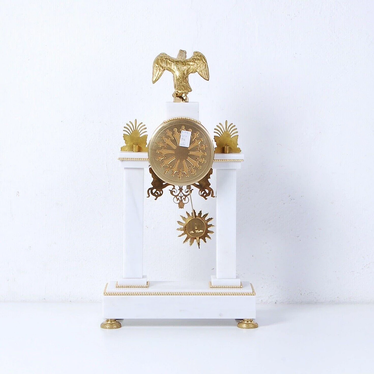 Carrara marble portico table clock in Empire style by La Vallèe, 1950s 6