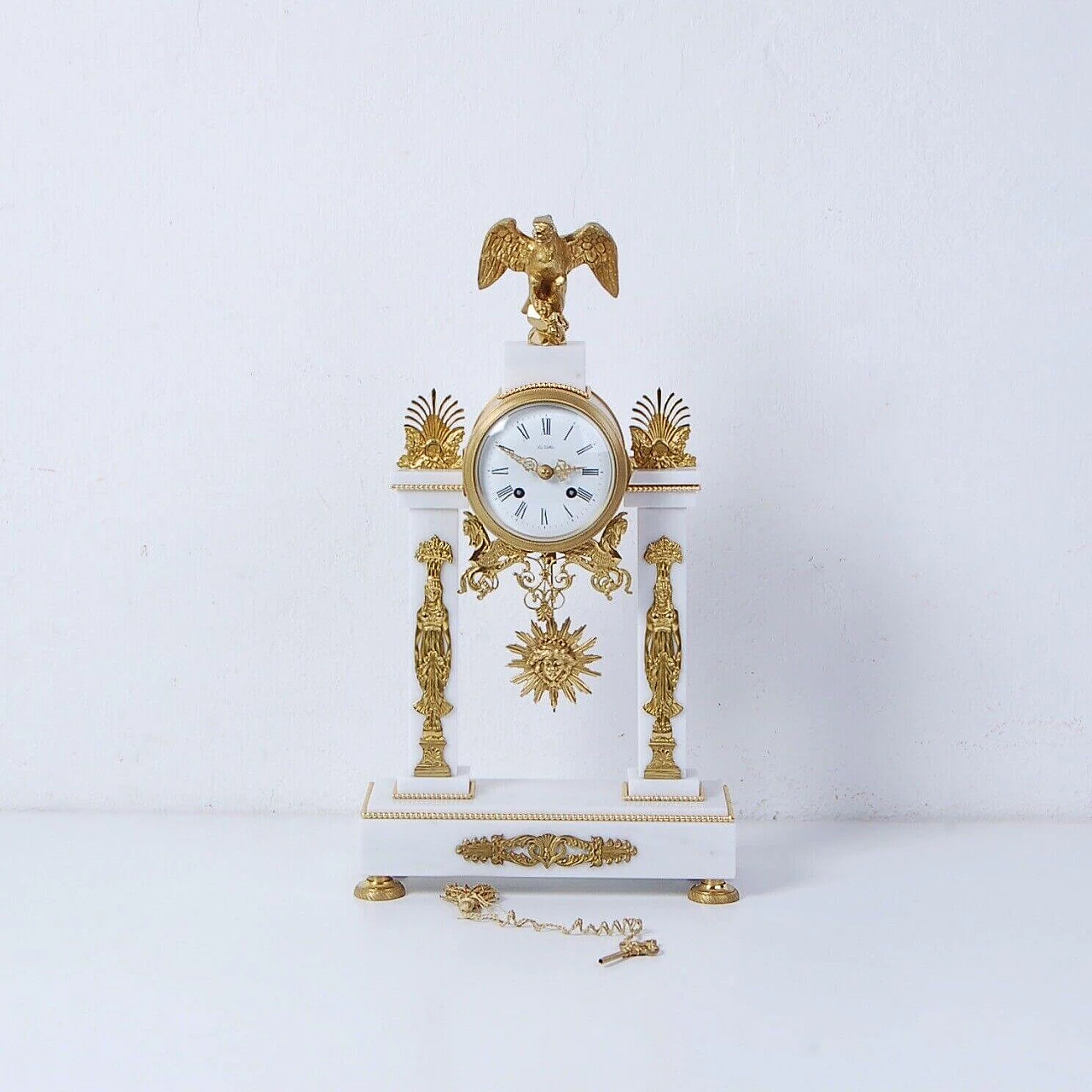 Carrara marble portico table clock in Empire style by La Vallèe, 1950s 13