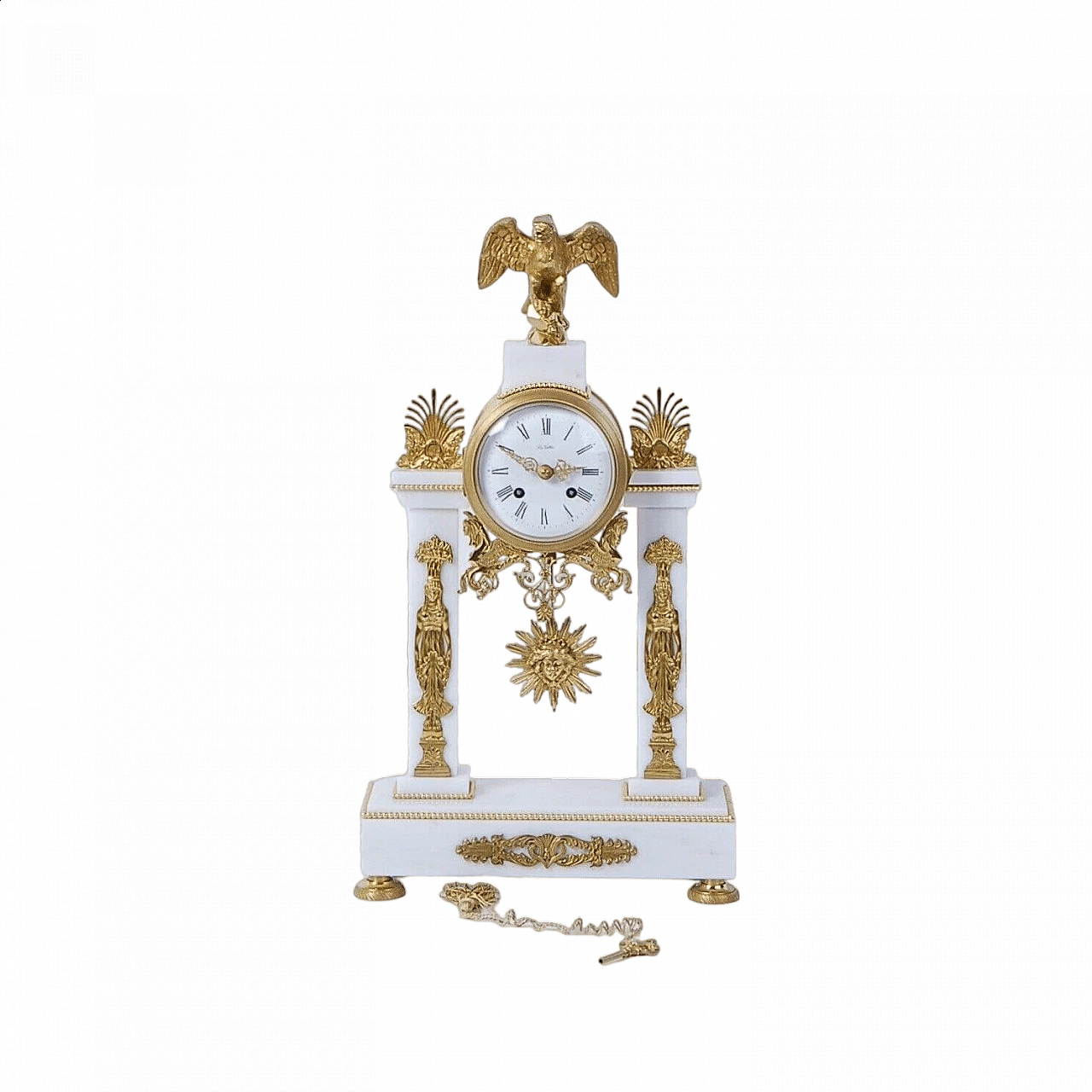 Carrara marble portico table clock in Empire style by La Vallèe, 1950s 14