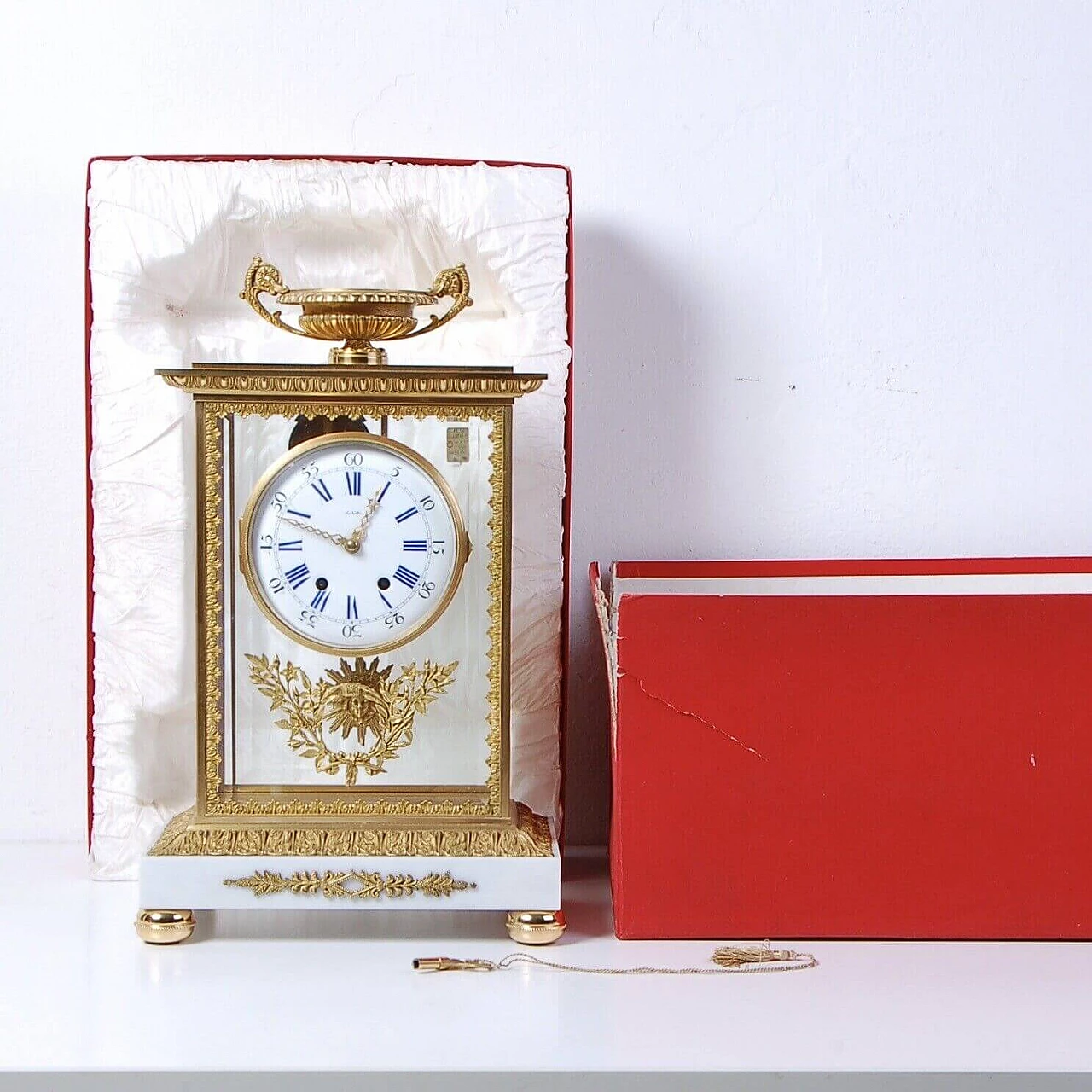 Carrara marble and gilded bronze Empire-style table clock, 1950s 1