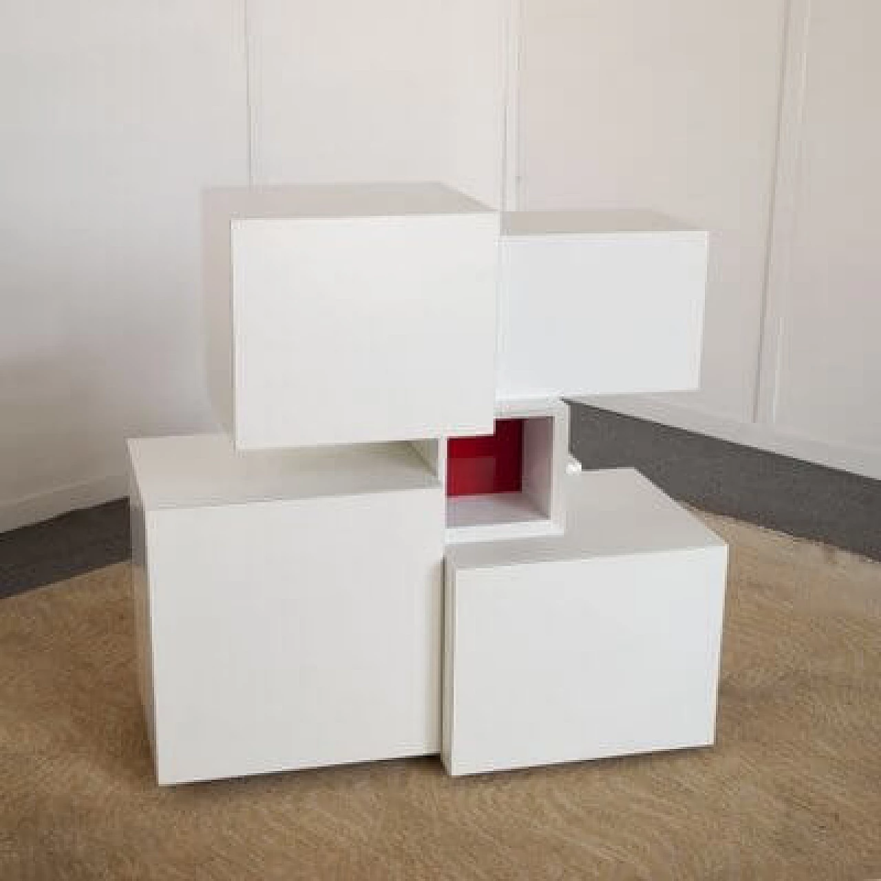 White lacquered wooden cabinet with red central insert in the style of Ludovico Acerbis, 1970s 3