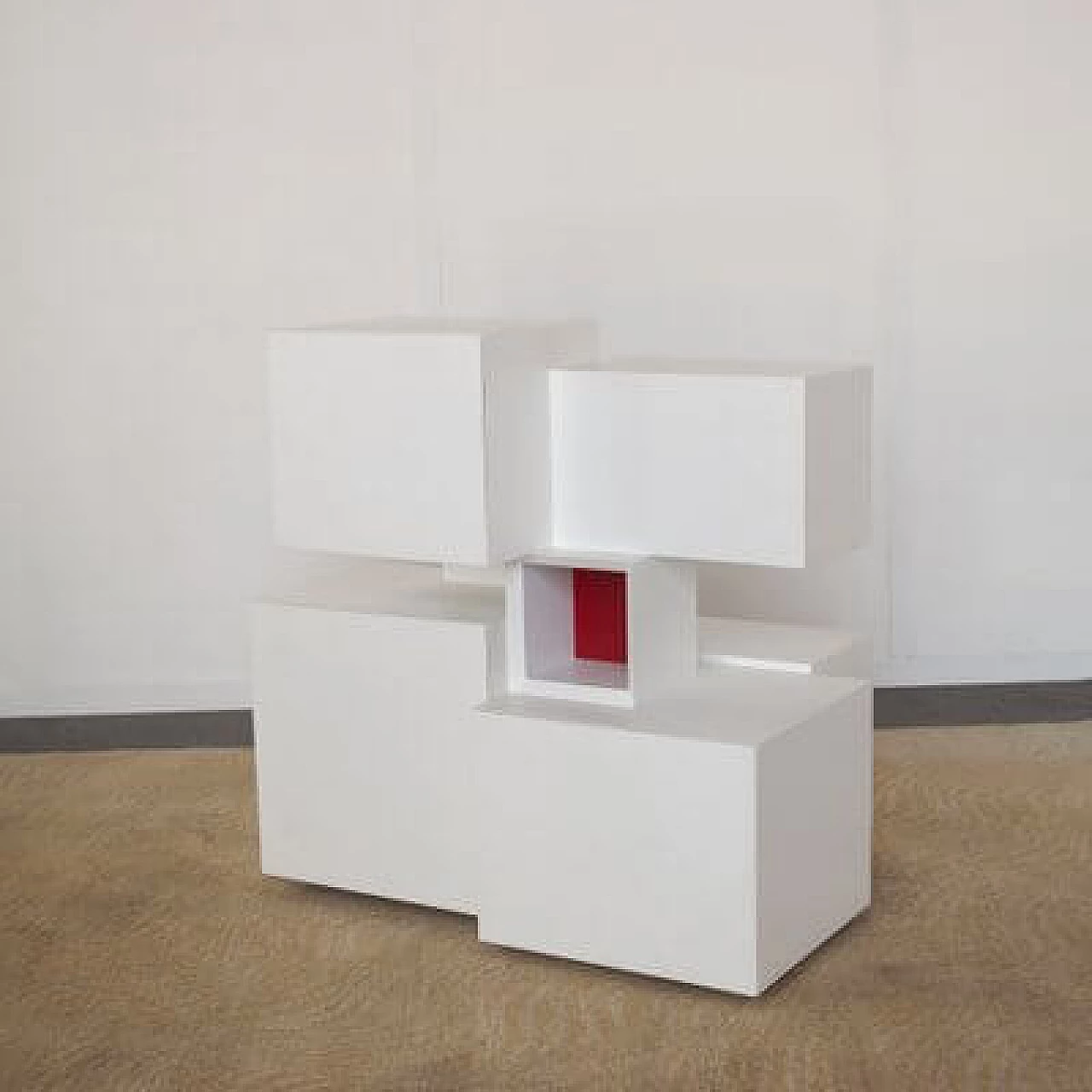 White lacquered wooden cabinet with red central insert in the style of Ludovico Acerbis, 1970s 4