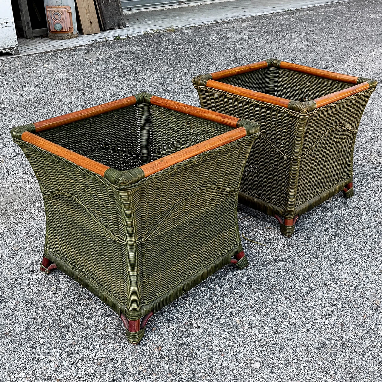 Pair of coloured bamboo and woven wicker potholders, 1970s 3