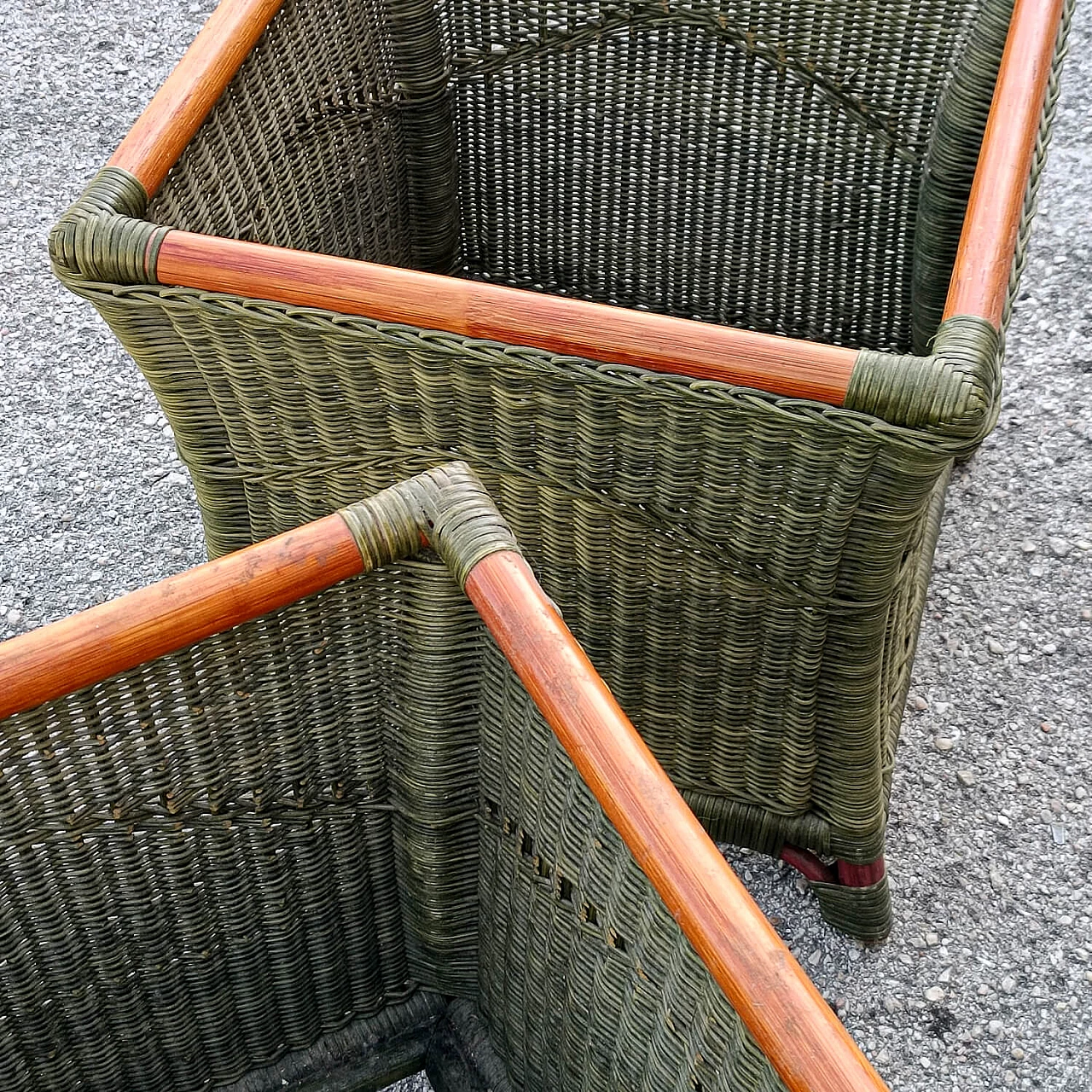 Pair of coloured bamboo and woven wicker potholders, 1970s 7