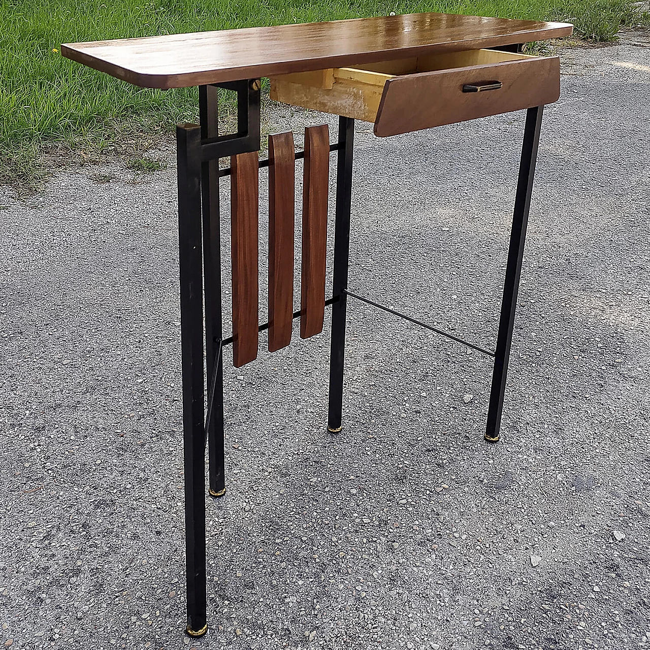 Wood and iron console table with brass details, 1960s 5