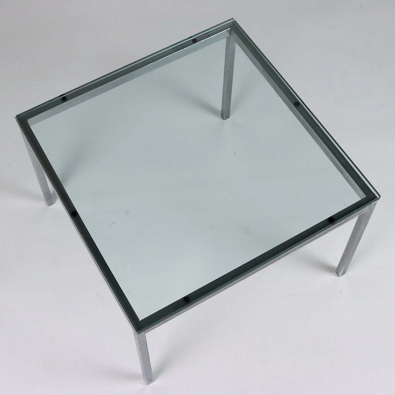 Square chromed metal and glass coffee table, 1970s 3