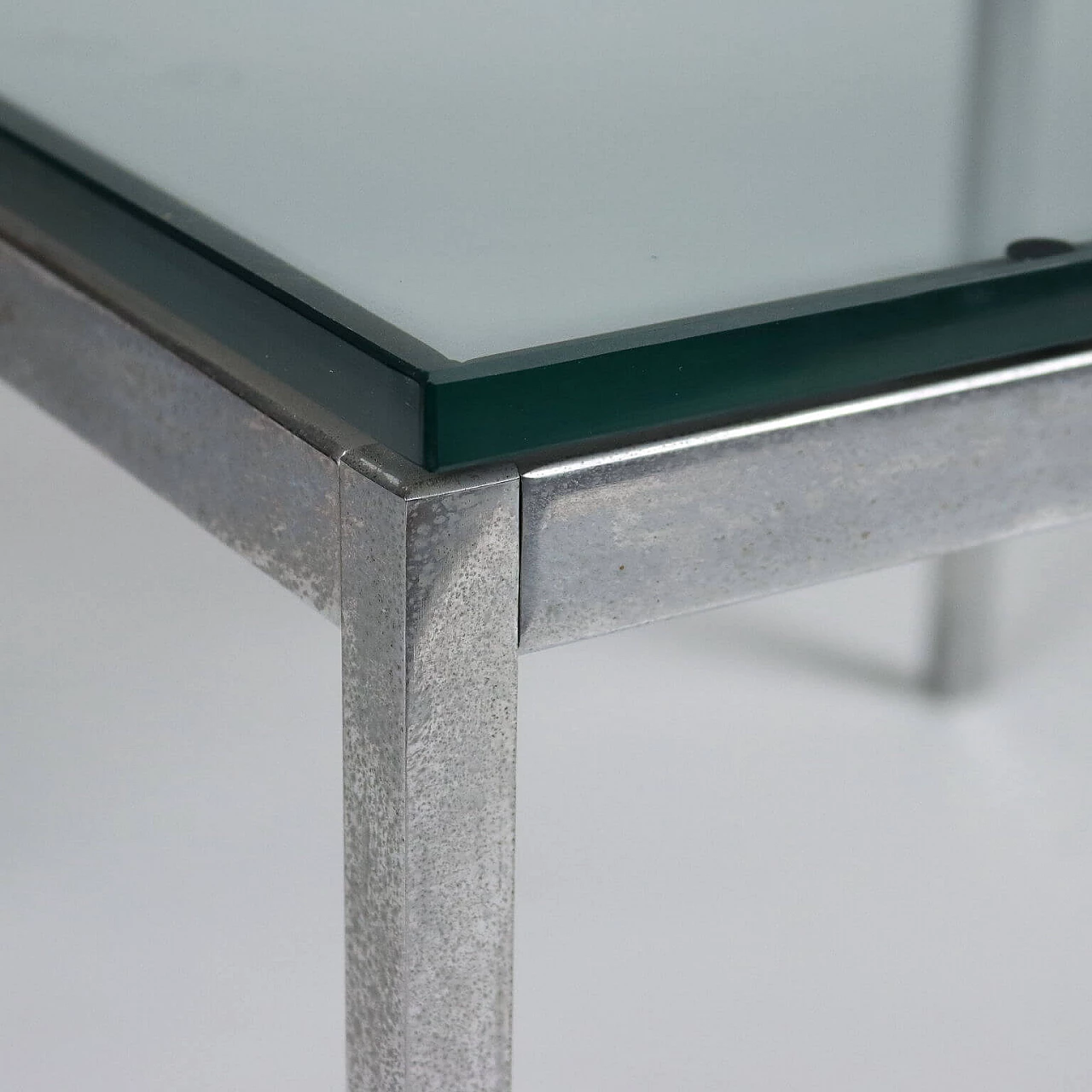 Square chromed metal and glass coffee table, 1970s 4